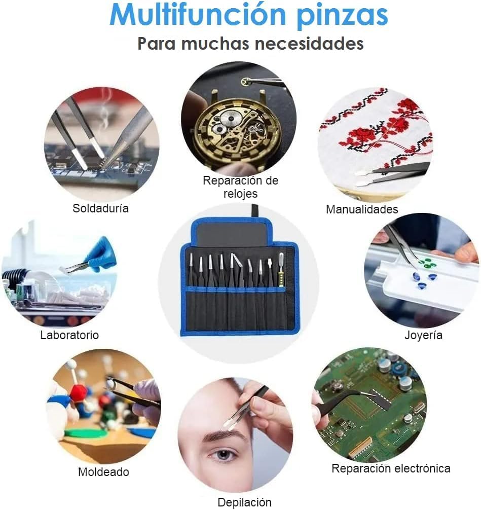 Pinzas de Precisión Antiestáticas Acero Inoxidable Herramienta Multiuso | 10 Piezas