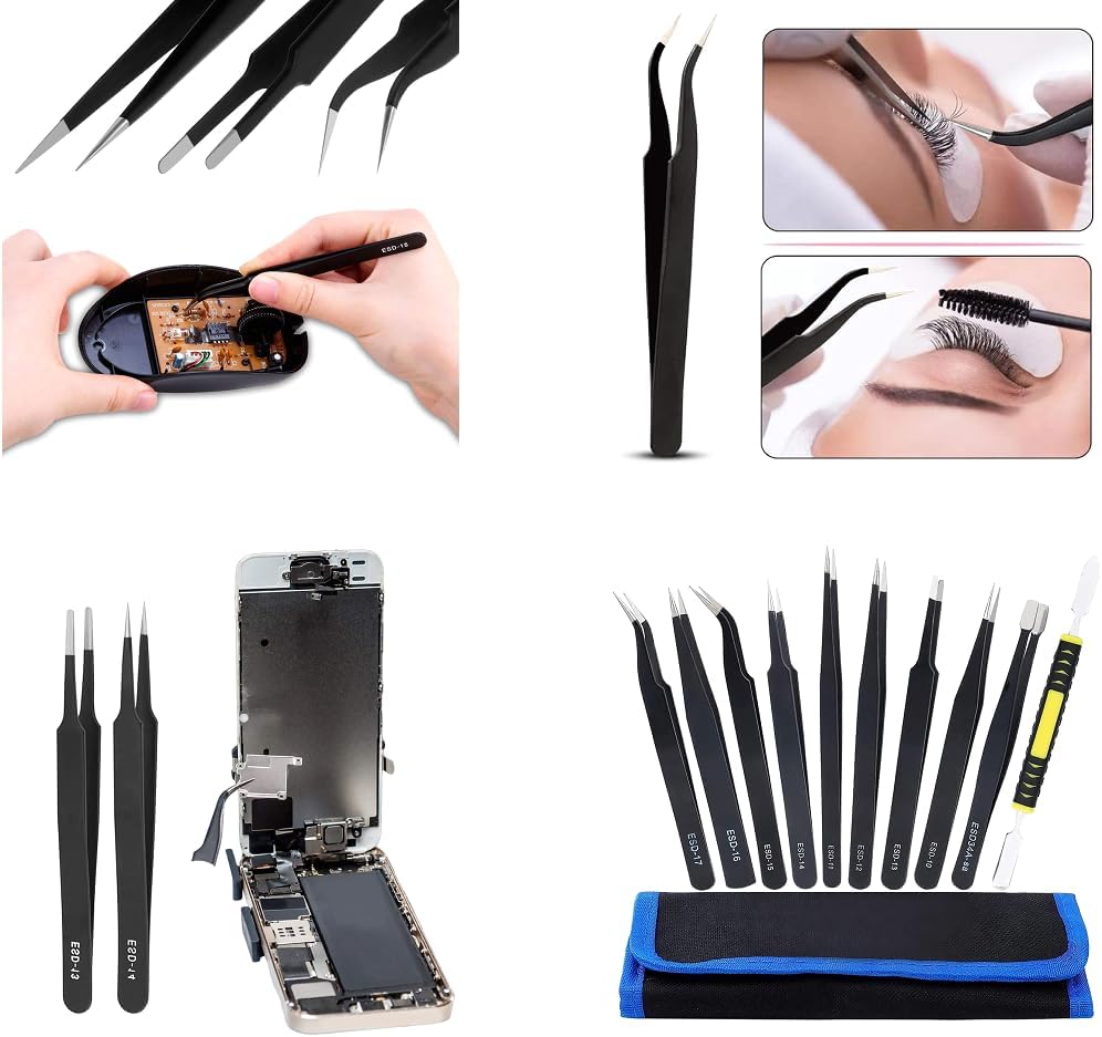 Pinzas de Precisión Antiestáticas Acero Inoxidable Herramienta Multiuso | 10 Piezas