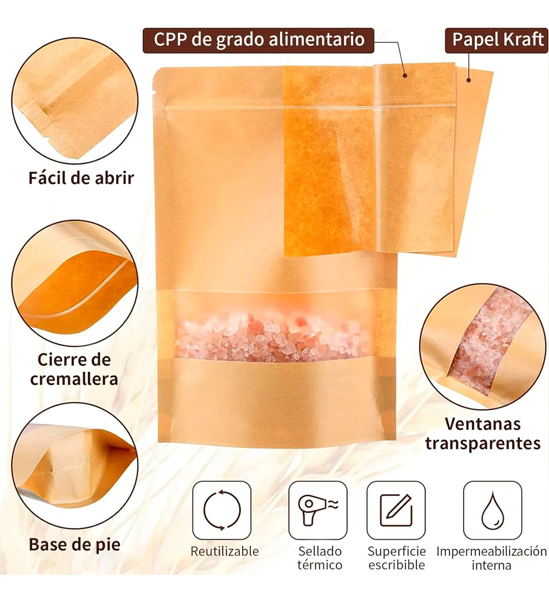 Bolsa Stand Up Pouch Kraft con Ventana Termosellable | 50pzs