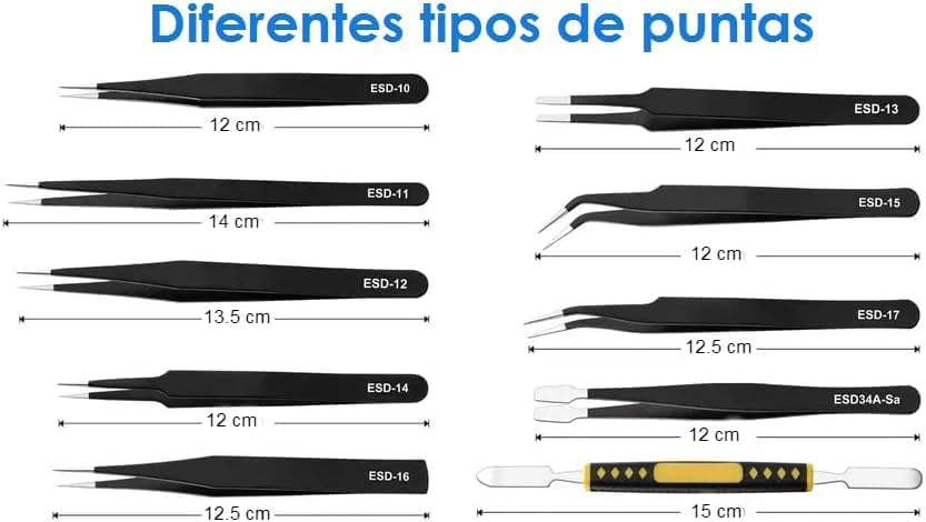 Pinzas de Precisión Antiestáticas Acero Inoxidable Herramienta Multiuso | 10 Piezas
