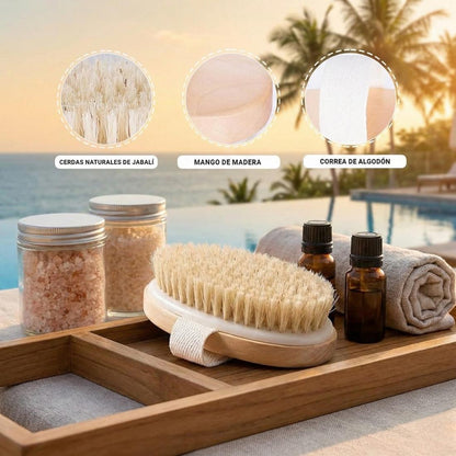 Set de 2 Cepillos Corporal Doble Cabeza Exfoliante Baño Ducha Masaje Cuerpo Piel Circulacion Kit Madera Cerdas Naturales