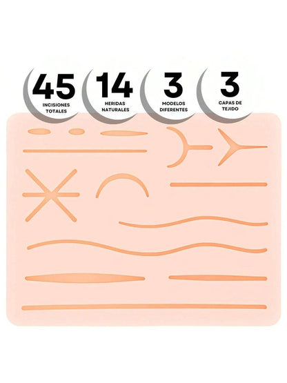 Kit De Práctica De Sutura 3 Pads De Silicona (45 Incisiones) – Ideal Para Estudiantes | Piel Falsa 3pzs
