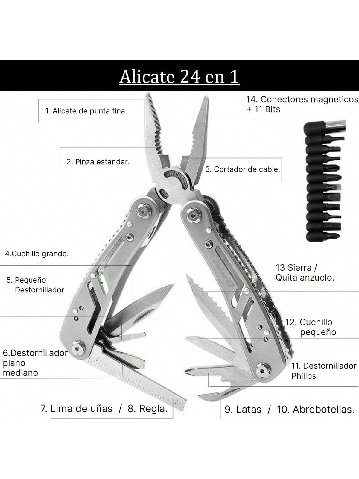 Multiherramienta 24 en 1 | Pinza Alicate Navaja Acero Inoxidable Portatil