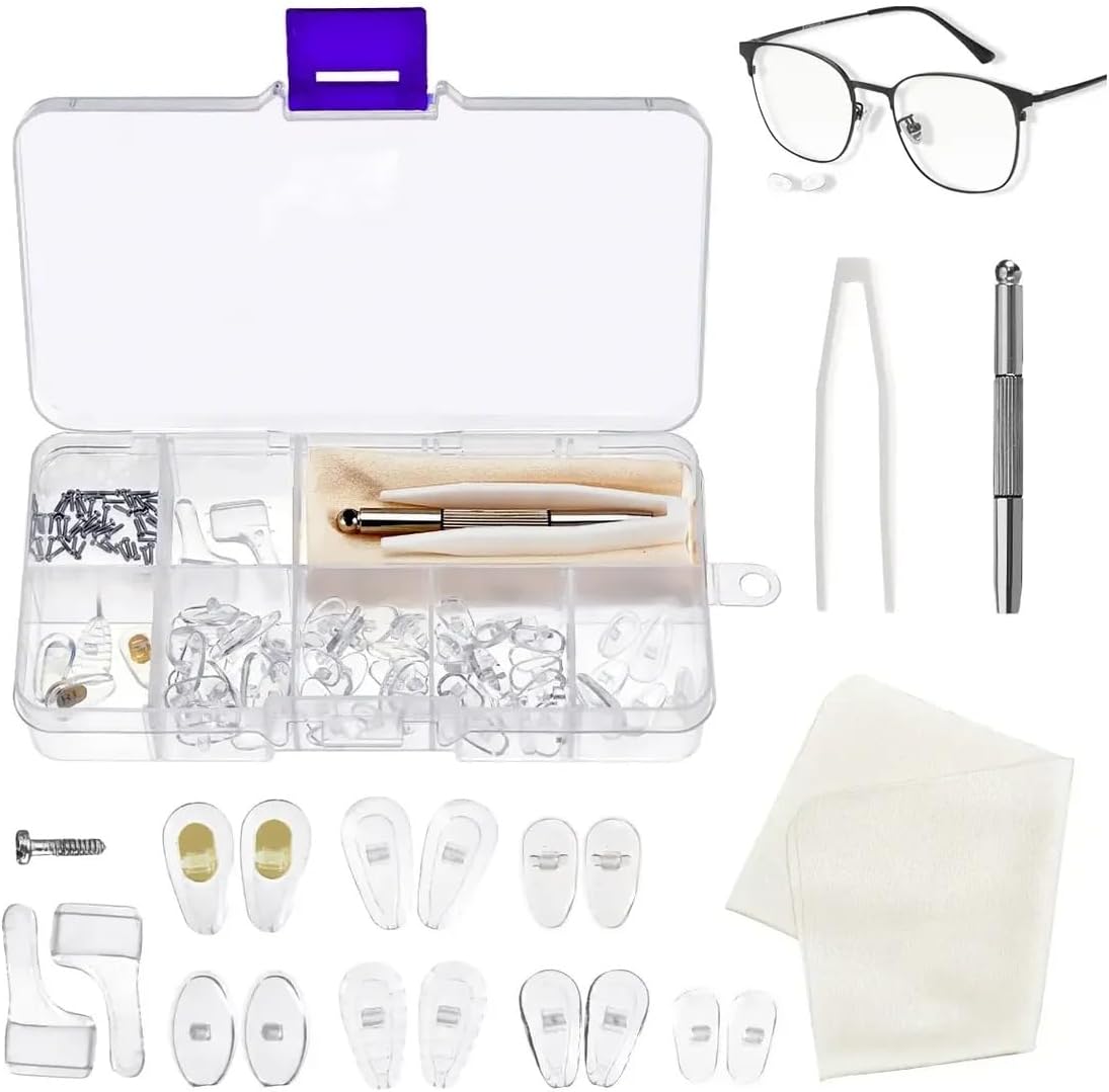 Kit de Reparación de Anteojos Con 500 Tornillos Y Herramientas para Arreglar Lentes Estuche Pórtàtil 30 Pares Almohadillas Nasales para Lentes para Orejas, Paño, Destornillador y Tornillo (30 pares soporte)