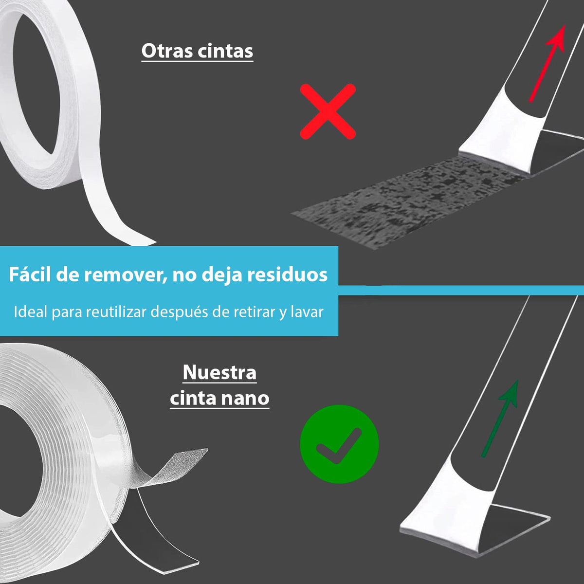 Cinta Doble Cara Nano Lavable Reutilizable Tape Transparente Liso Reusable Adherente Resistente