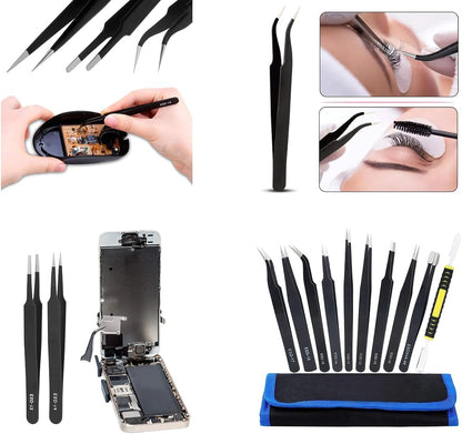 Pinzas de Precisión Antiestáticas Acero Inoxidable Herramienta Multiuso | 10 Piezas