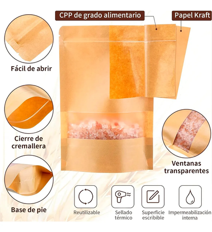 Bolsa Stand Up Pouch Kraft con Ventana Termosellable | 50pzs