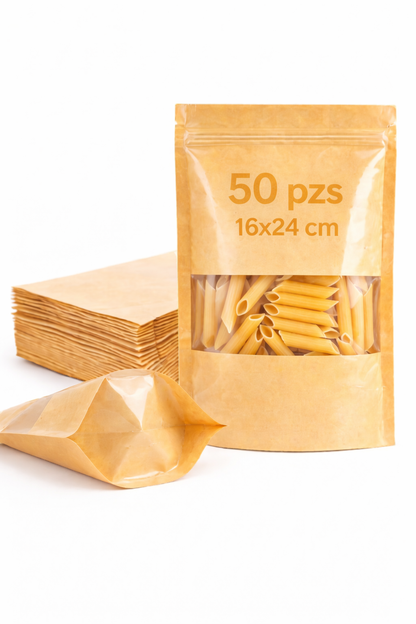Bolsa Stand Up Pouch Kraft Plastificada con Ventana Termosellable | 50pzs