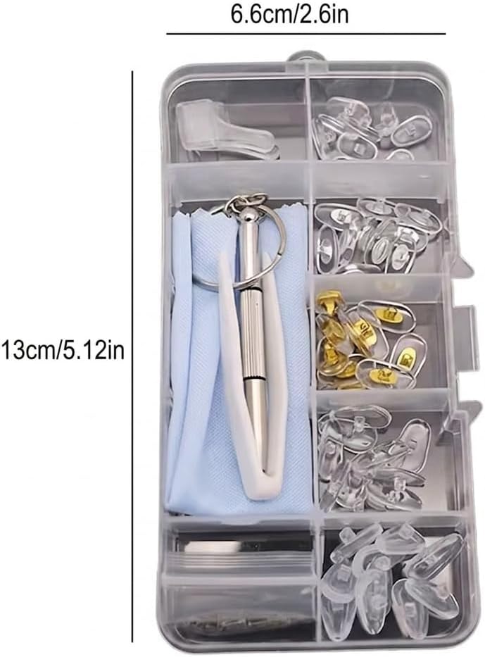 Kit de Reparación de Anteojos Con 500 Tornillos Y Herramientas para Arreglar Lentes Estuche Pórtàtil 30 Pares Almohadillas Nasales para Lentes para Orejas, Paño, Destornillador y Tornillo (30 pares soporte)