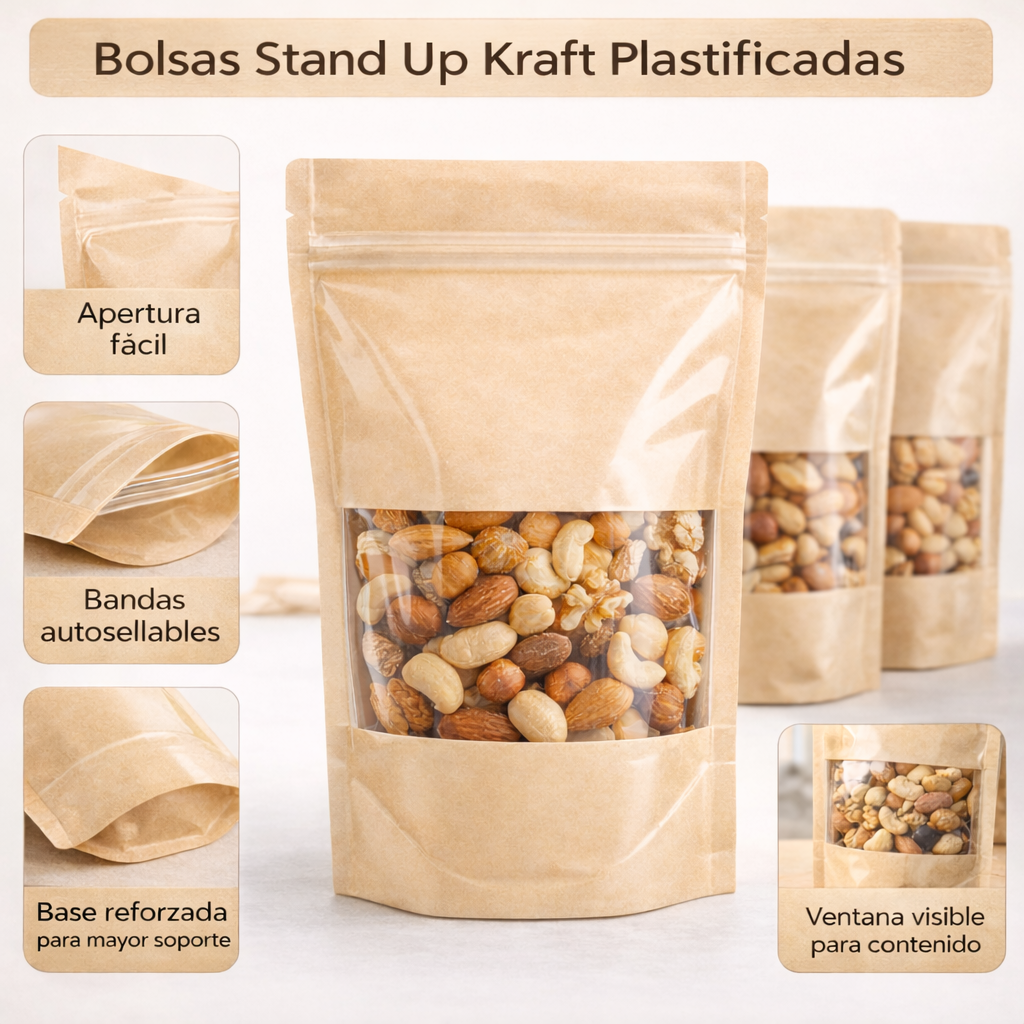 Bolsa Stand Up Pouch Kraft Plastificada con Ventana Termosellable | 50pzs