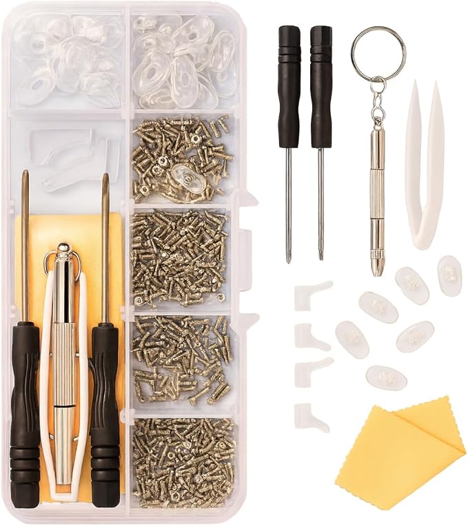Kit de Reparación de Anteojos Con 500 Tornillos Y Herramientas para Arreglar Lentes Estuche Pórtàtil 30 Pares Almohadillas Nasales para Lentes para Orejas, Paño, Destornillador y Tornillo (30 pares soporte)