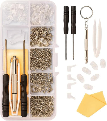 Kit de Reparación de Anteojos Con 500 Tornillos Y Herramientas para Arreglar Lentes Estuche Pórtàtil 30 Pares Almohadillas Nasales para Lentes para Orejas, Paño, Destornillador y Tornillo (30 pares soporte)