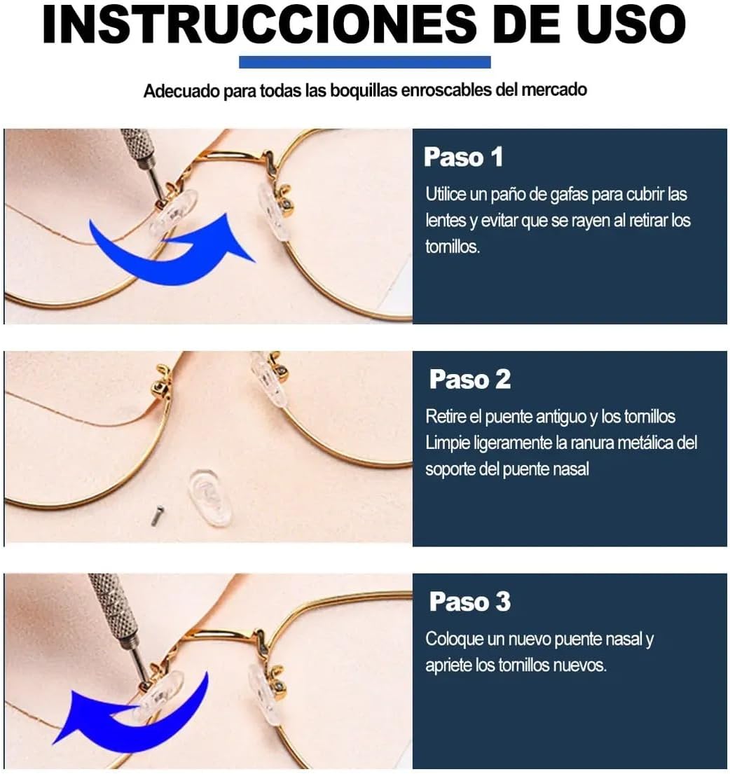 Kit de Reparación de Anteojos Con 500 Tornillos Y Herramientas para Arreglar Lentes Estuche Pórtàtil 30 Pares Almohadillas Nasales para Lentes para Orejas, Paño, Destornillador y Tornillo (30 pares soporte)