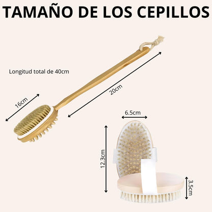 Set de 2 Cepillos Corporal Doble Cabeza Exfoliante Baño Ducha Masaje Cuerpo Piel Circulacion Kit Madera Cerdas Naturales