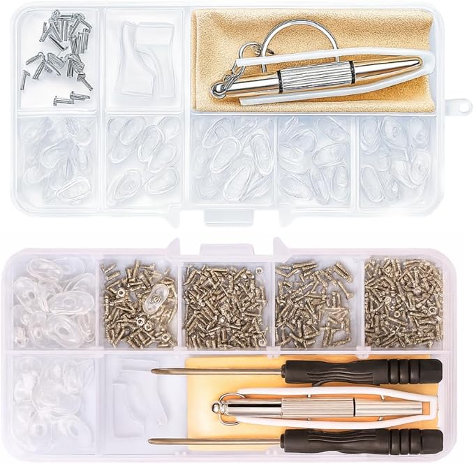 Kit de Reparación de Anteojos Con 500 Tornillos Y Herramientas para Arreglar Lentes Estuche Pórtàtil 30 Pares Almohadillas Nasales para Lentes para Orejas, Paño, Destornillador y Tornillo (30 pares soporte)