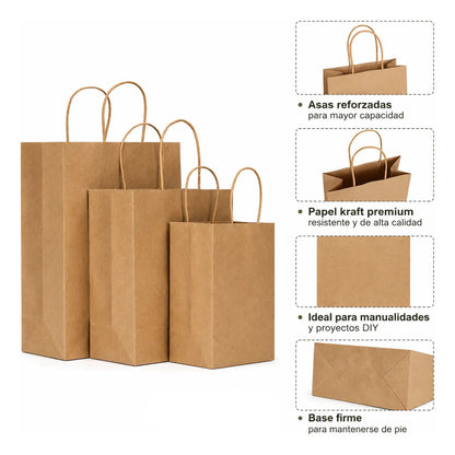 Bolsas Papel Kraft Ecológicas Asa Boutique Empaque 50 Pzas Marrón Claro Kraft 27x21