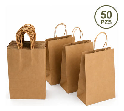 Bolsas Papel Kraft Ecológicas Asa Boutique Empaque 50 Pzas Marrón Claro Kraft 27x21