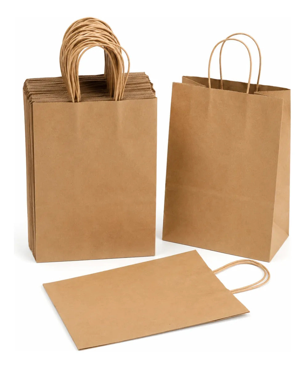 Bolsas Papel Kraft Ecológicas Asa Boutique Empaque 50 Pzas Marrón Claro Kraft 27x21