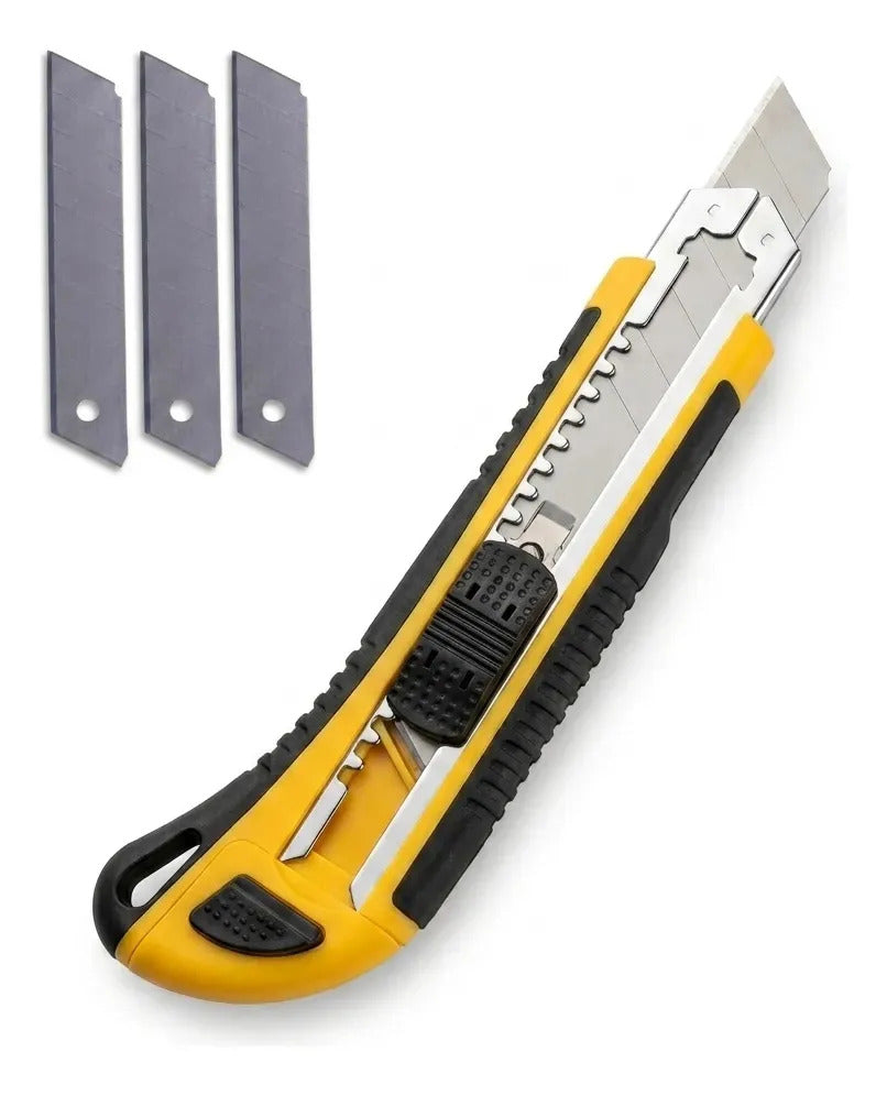 Cutter 6 Pulgadas Grip Acero Sk5 Ergonomico 3 Repuesto Navaja Mango Goma Uso Rudo Profesional Metalico Resistente Manualidades Carton Multiusos Corte Precision Seguridad