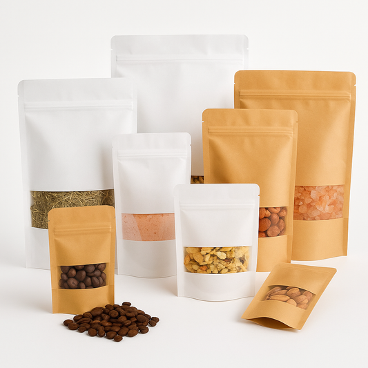 Bolsa Stand Up Pouch Kraft Plastificada con Ventana Termosellable | 50pzs