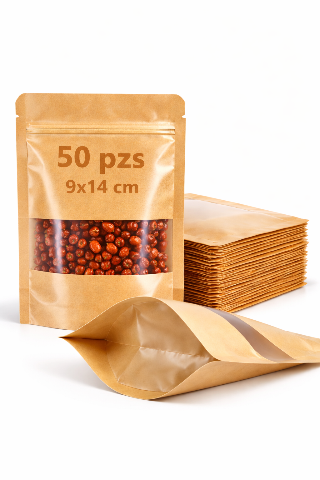 Bolsa Stand Up Pouch Kraft Plastificada con Ventana Termosellable | 50pzs