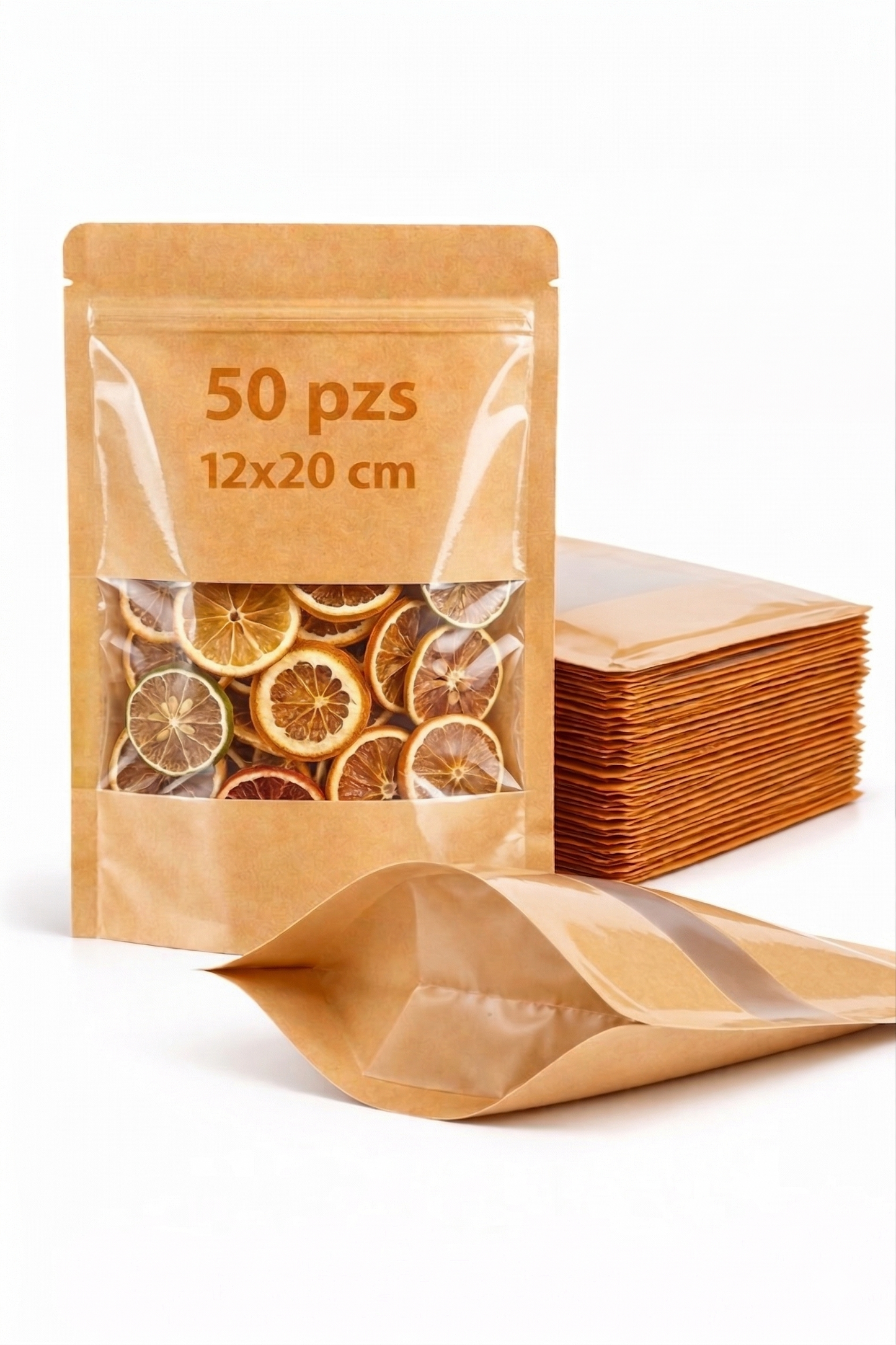 Bolsa Stand Up Pouch Kraft Plastificada con Ventana Termosellable | 50pzs