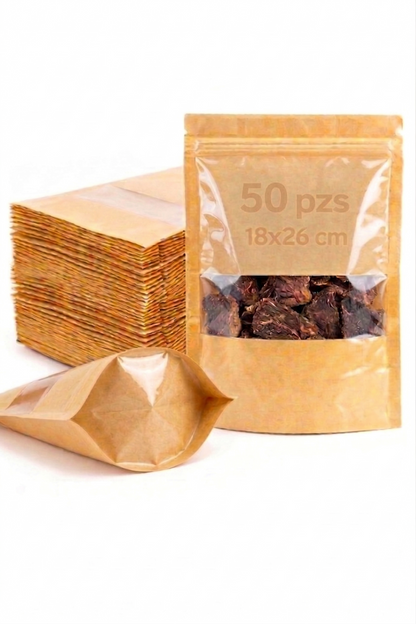 Bolsa Stand Up Pouch Kraft Plastificada con Ventana Termosellable | 50pzs