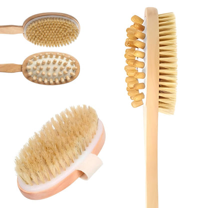 Set de 2 Cepillos Corporal Doble Cabeza Exfoliante Baño Ducha Masaje Cuerpo Piel Circulacion Kit Madera Cerdas Naturales