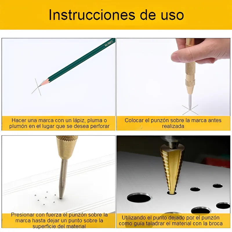 Broca Escalonada Conica Acero Rapido Kit Taladro 5uds+punzon